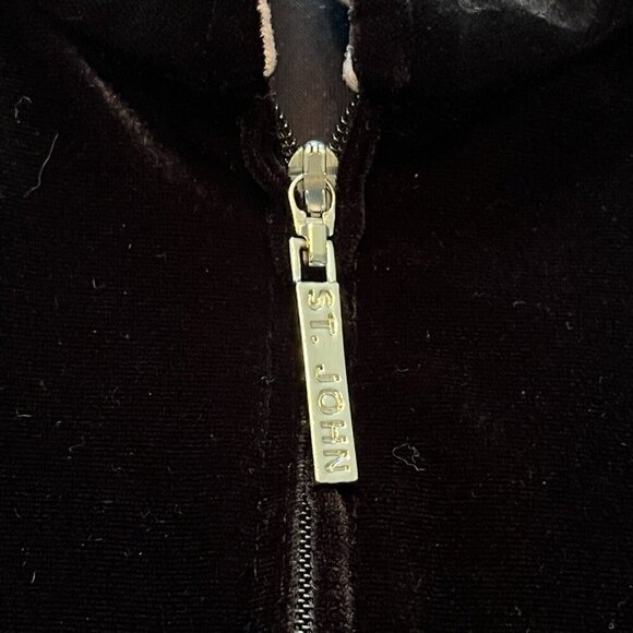 St John Sport Marie Gray Track Jacket M Full Zip Black Velvet Scroll Pink Trim - Picture 7 of 16